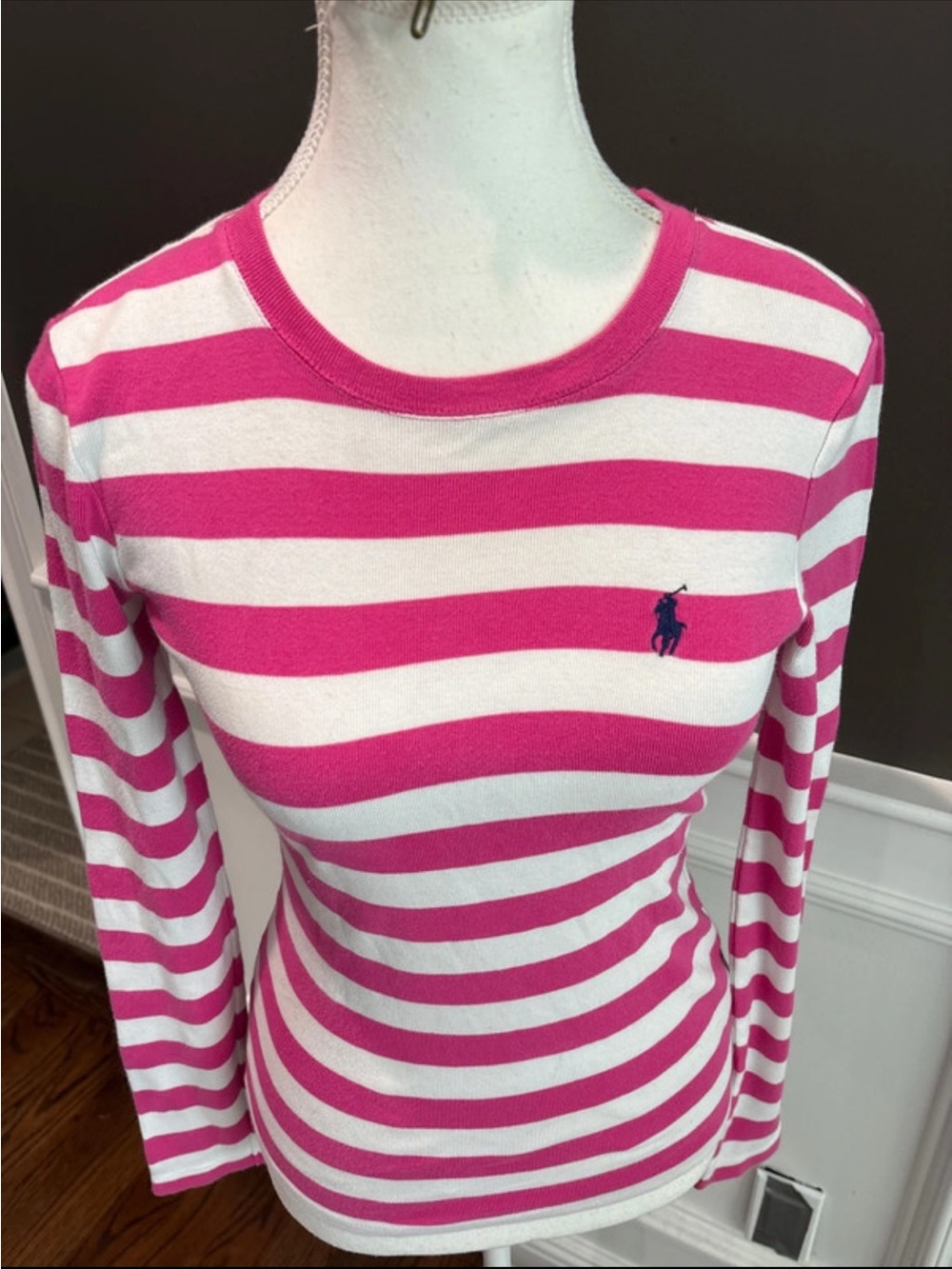 Ralph Lauren Hot Pink and White Striped Long Sleeve Crewneck